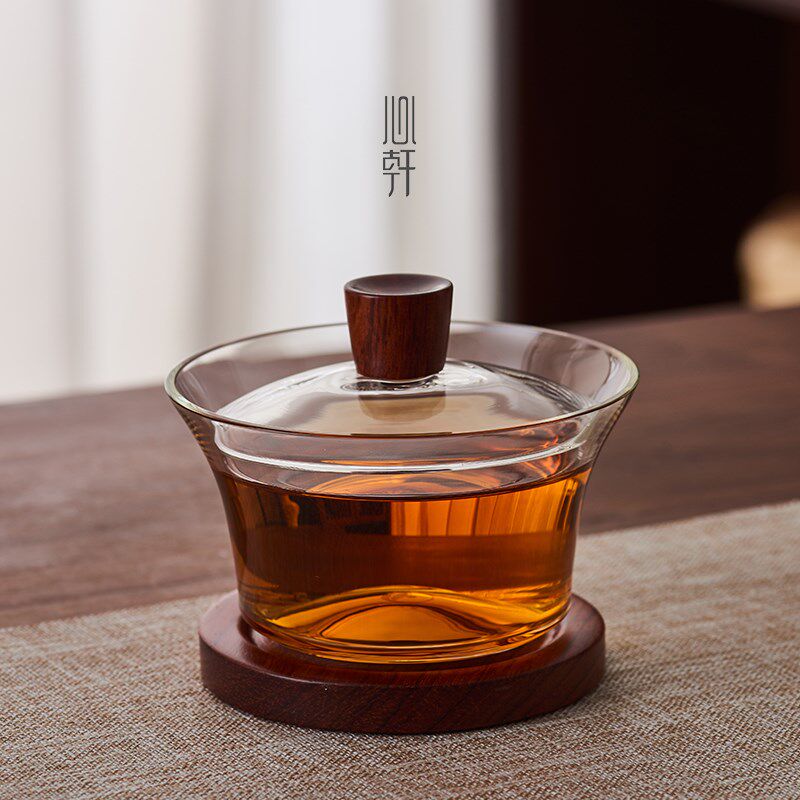 新羽手工功夫茶具花梨木防烫耐高温玻璃泡茶盖碗茶杯家用三才茶碗