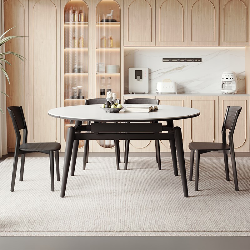 岩板餐桌餐椅伸缩折叠圆形桌家用实木方圆两用饭桌小户型简约