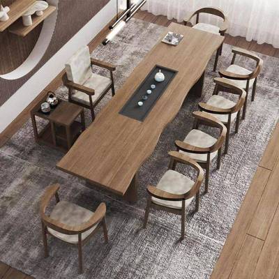 新中原式会木茶桌实椅组合客厅功夫客茶桌工作75811室办公室木泡