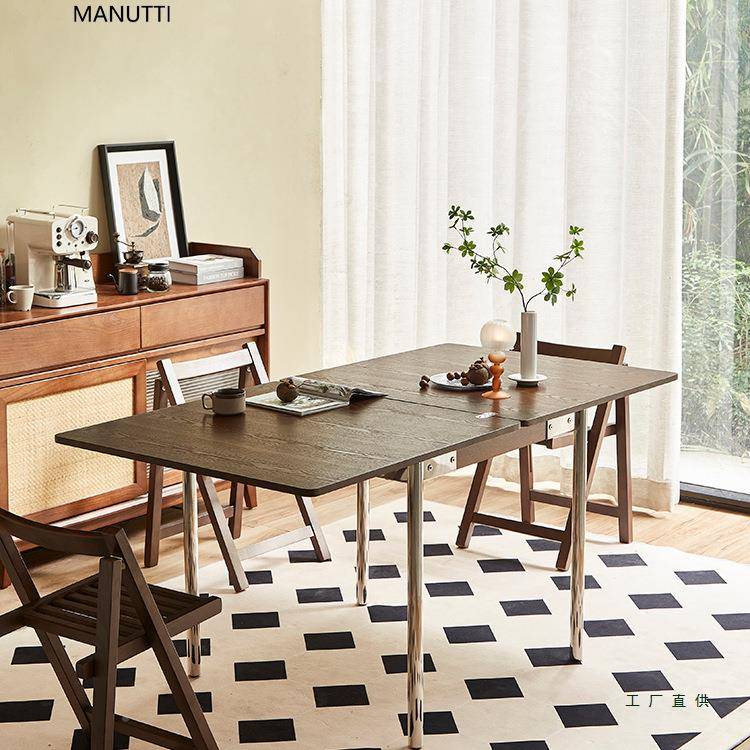 manuttiF97H77J9折叠伸缩餐桌中复方型古风餐桌古小户实木形饭桌