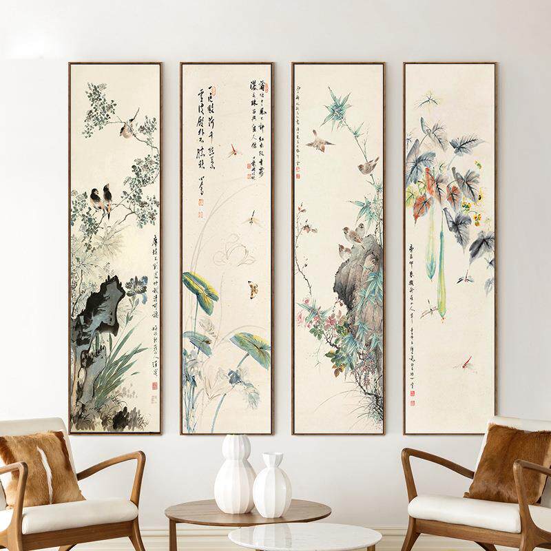 新中式客厅装饰画四联花壁鸟餐厅挂画走现四屏花鸟代酒店玄廊关画