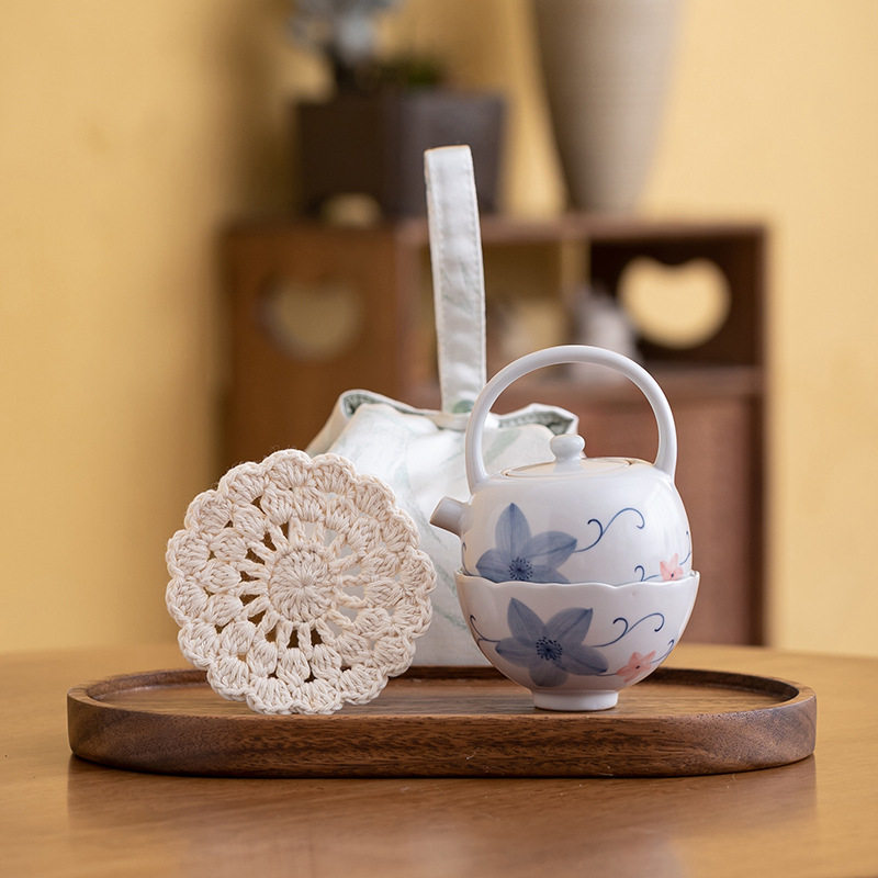 仿古手绘缠枝莲提梁茶壶主人杯陶瓷小容量一壶一杯便携式旅行茶具
