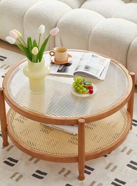 式实木藤编茶25982几桌客厅家用小圆户玻璃原木形型沙日发边几