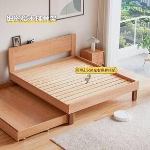 榉木实木儿童子抽拉式母床双层收拖男孩女孩单人床纳隐TFC形抽床