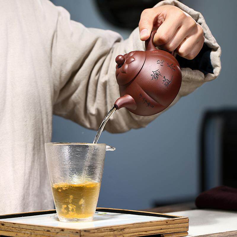 具茶家紫砂壶茶套装宜兴刻绘用泡壶原矿MH9K紫泥锦囊菱瓜壶