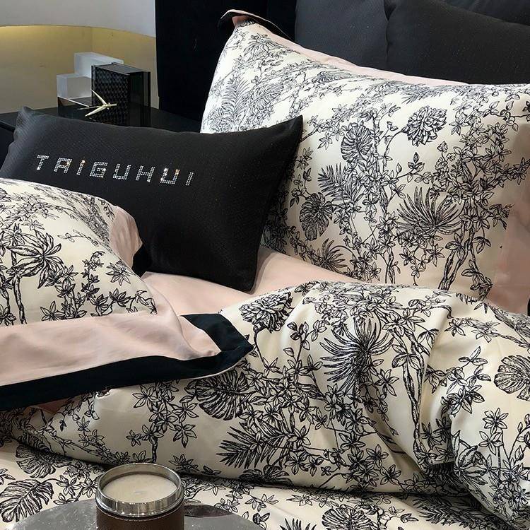 轻奢高端全棉床紫单四件套式花无品牌/卉美印花磨毛棉床笠被套纯床品粉色