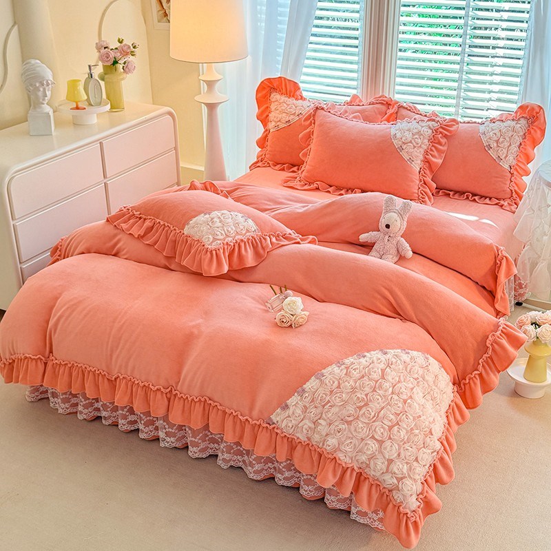 四件加厚公主风刺绣被床单面绒床盖法兰绒珊瑚绒冬季