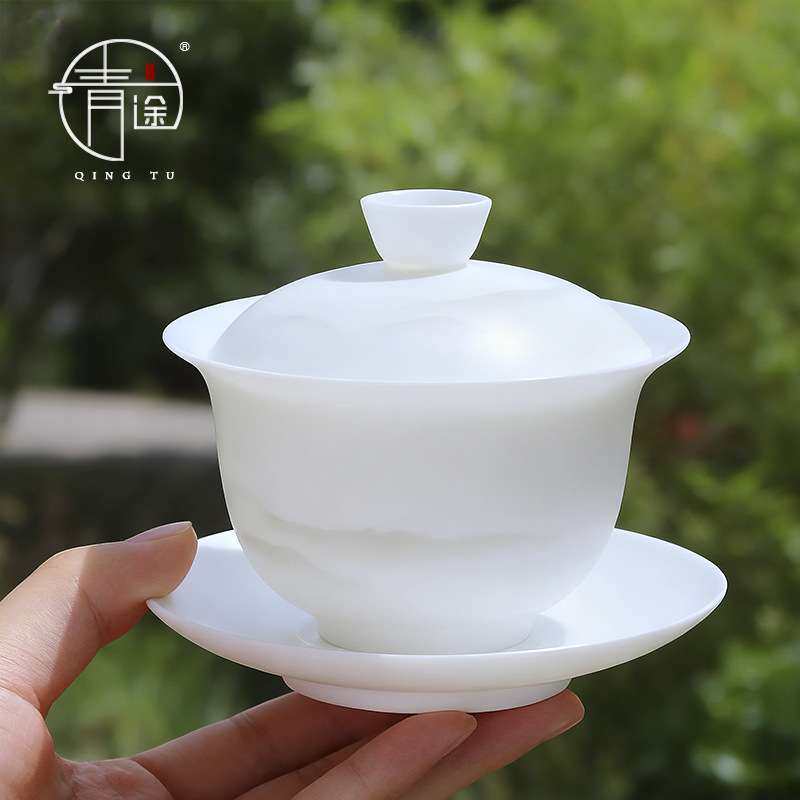 素烧薄款水墨三才盖碗高端简约泡茶家用茶具大号茶盖杯不烫手茶碗