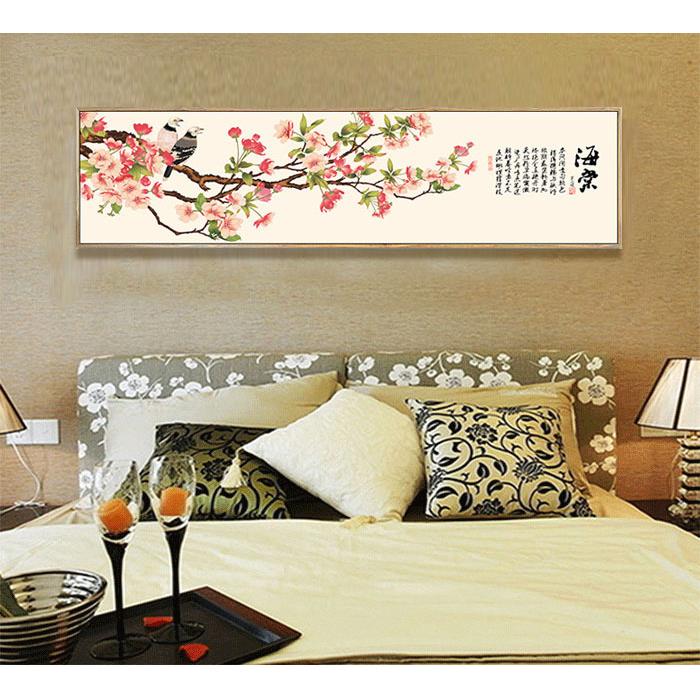 新中式横幅花鸟床头装饰画画芯 酒店工装客房卧室海棠花挂画