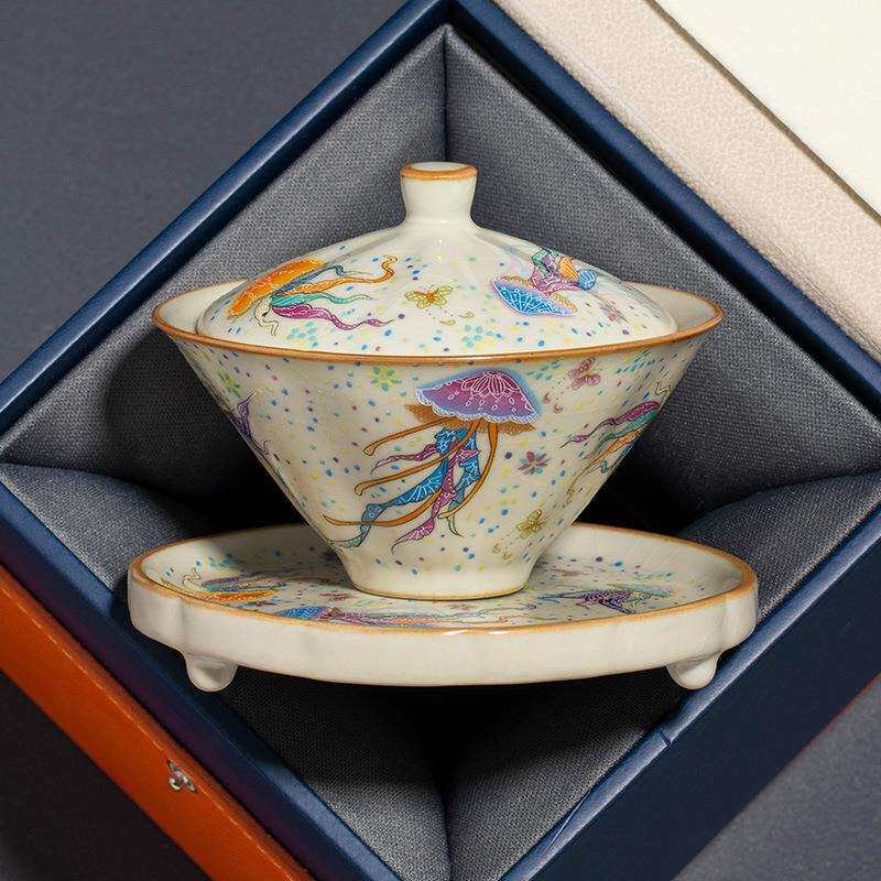 汝窑水母斗笠盖碗茶杯单个高档茶具套装防烫汝瓷带盖大号泡茶碗