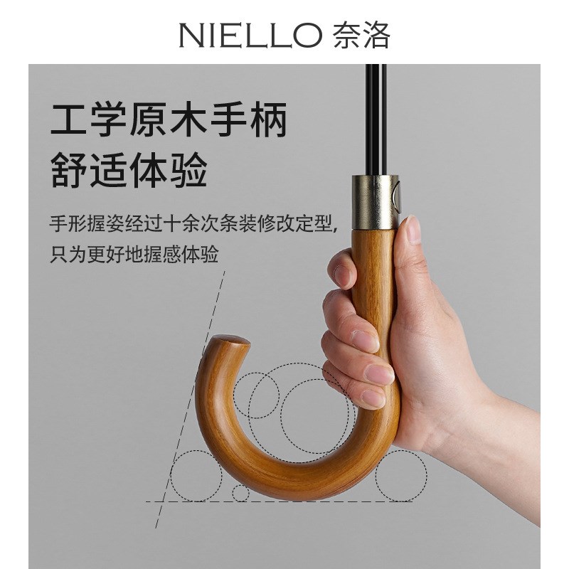 奈洛2骨人直杆伞实木柄商务雨伞加厚伞布抗强风晴雨两用伞男士