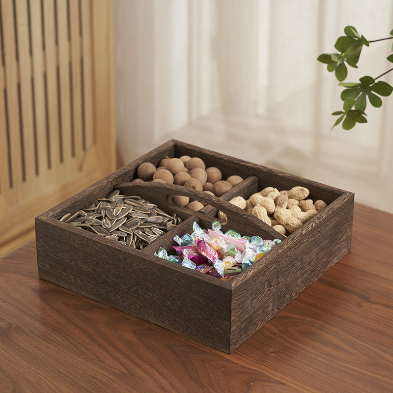 泡桐中式实木4格干果盒客厅实木年货家用提手盒零食盘结婚糖果盒