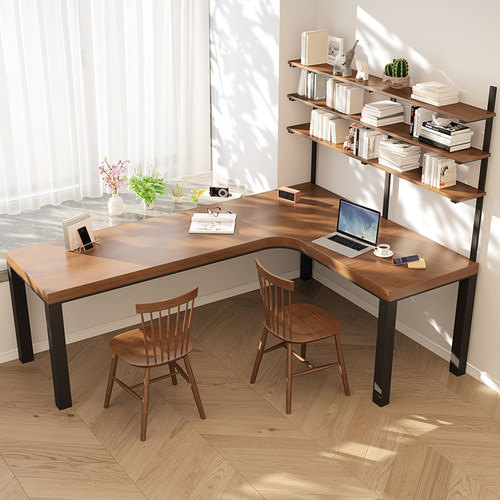 实木转角台式电脑桌家用书桌书架组合拐角l型双人办公桌卧室桌子