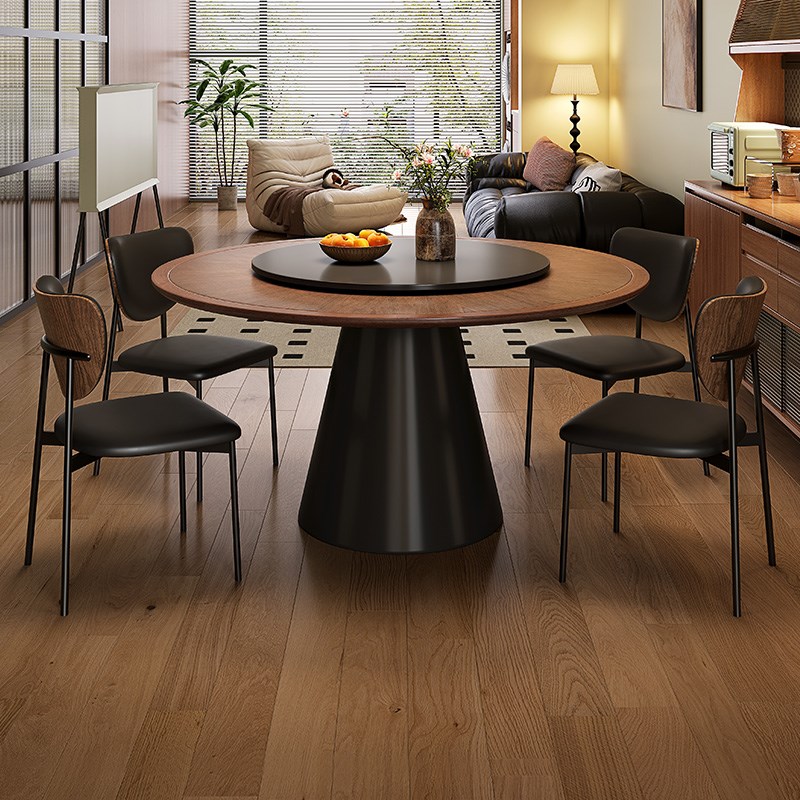 中古风圆桌实木纹理法式复古岩板圆形餐桌椅组合家用小户型带转盘