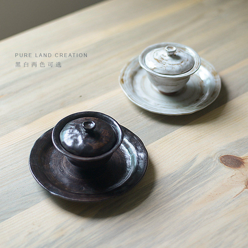 向美 纯手工粗陶盖碗单个 手工功夫茶具陶瓷手抓三才茶杯泡茶碗