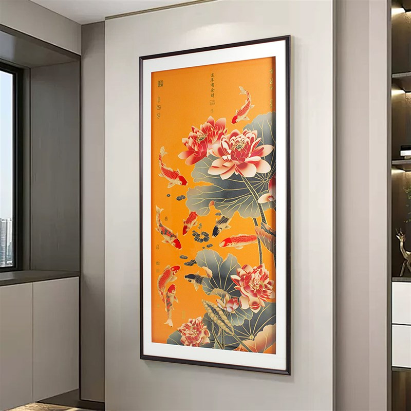 中式九鱼图玄关装饰画招财锦鲤立体肌理油画走廊过道入户对门挂画