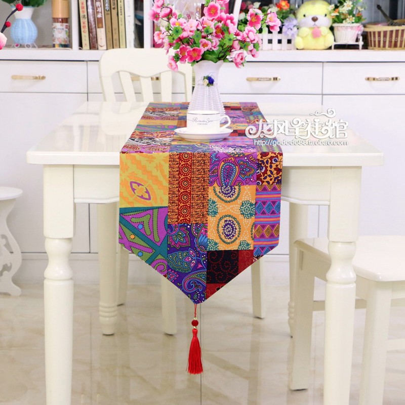 异域复古桌旗东南亚棉麻花布茶几桌巾电视柜桌布艺中式民族风床旗