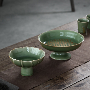 中式仿古青瓷高脚茶点盘果盘供盘家用客厅茶几办公室用陶瓷零食盘