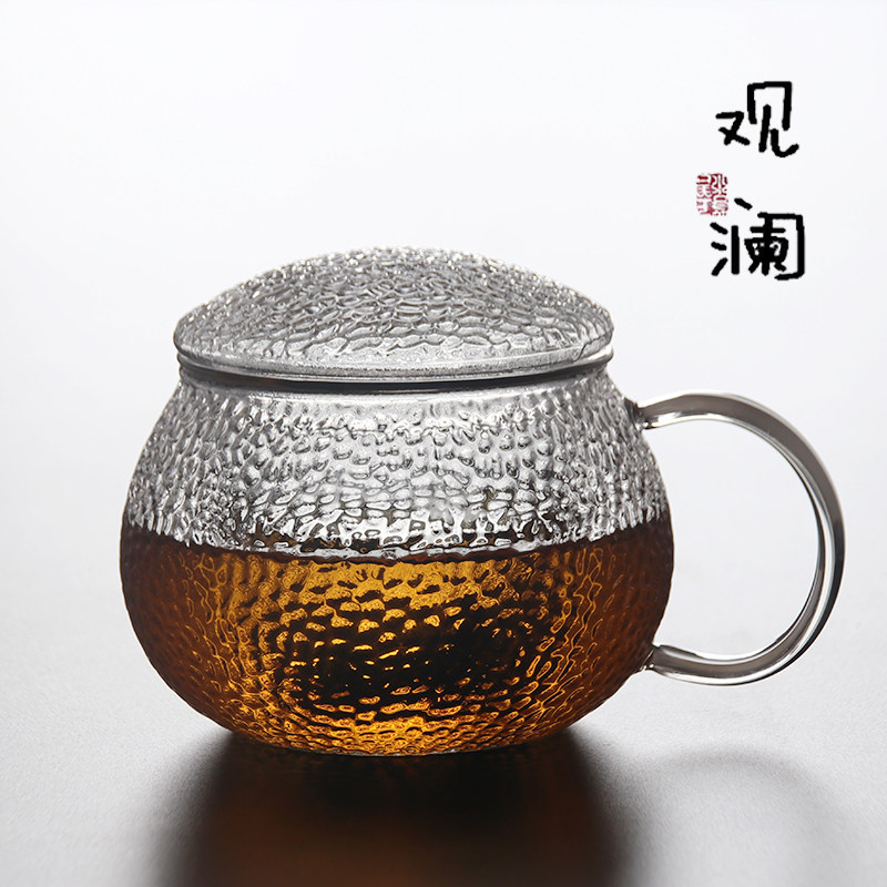 大容量耐热玻璃泡茶杯家用水杯茶水分离办公室锤纹过滤花茶杯带把