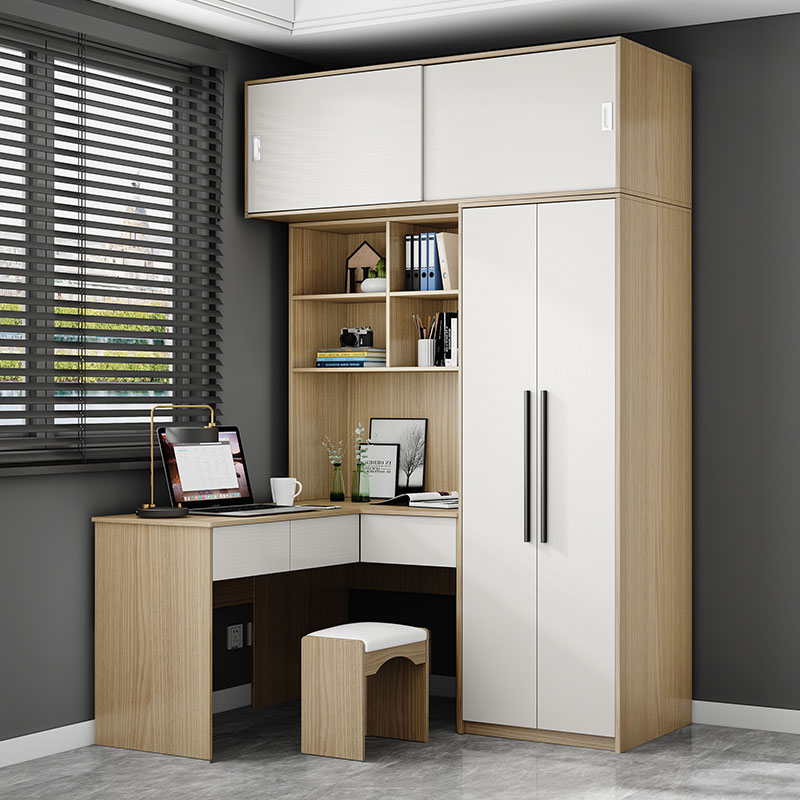 现代中式连身书桌柜小户型家用学习电脑桌衣柜卧室L型转角一体柜
