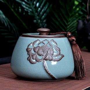 原源茶叶罐陶瓷复古浮雕紫砂密封罐中号醒茶罐西湖龙井绿茶储茶罐