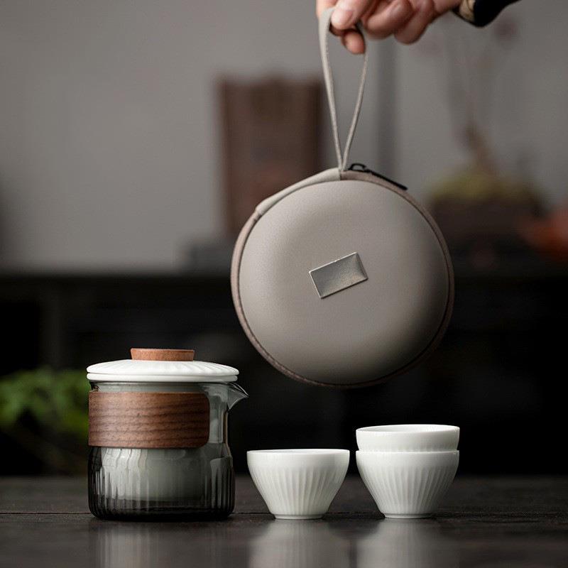 东篱玻璃旅行茶具一壶三杯陶瓷便携式快客杯露营旅游户外泡茶茶壶