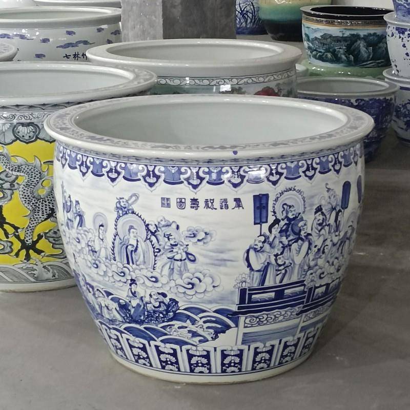 手绘陶瓷大号鱼缸摆件青花瓷陶瓷鱼缸大号庭院造景摆件装饰园林缸