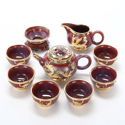钧瓷拉丝茶壶茶杯家用金镶玉龙凤呈祥茶具套装活动庆典结婚敬酒茶