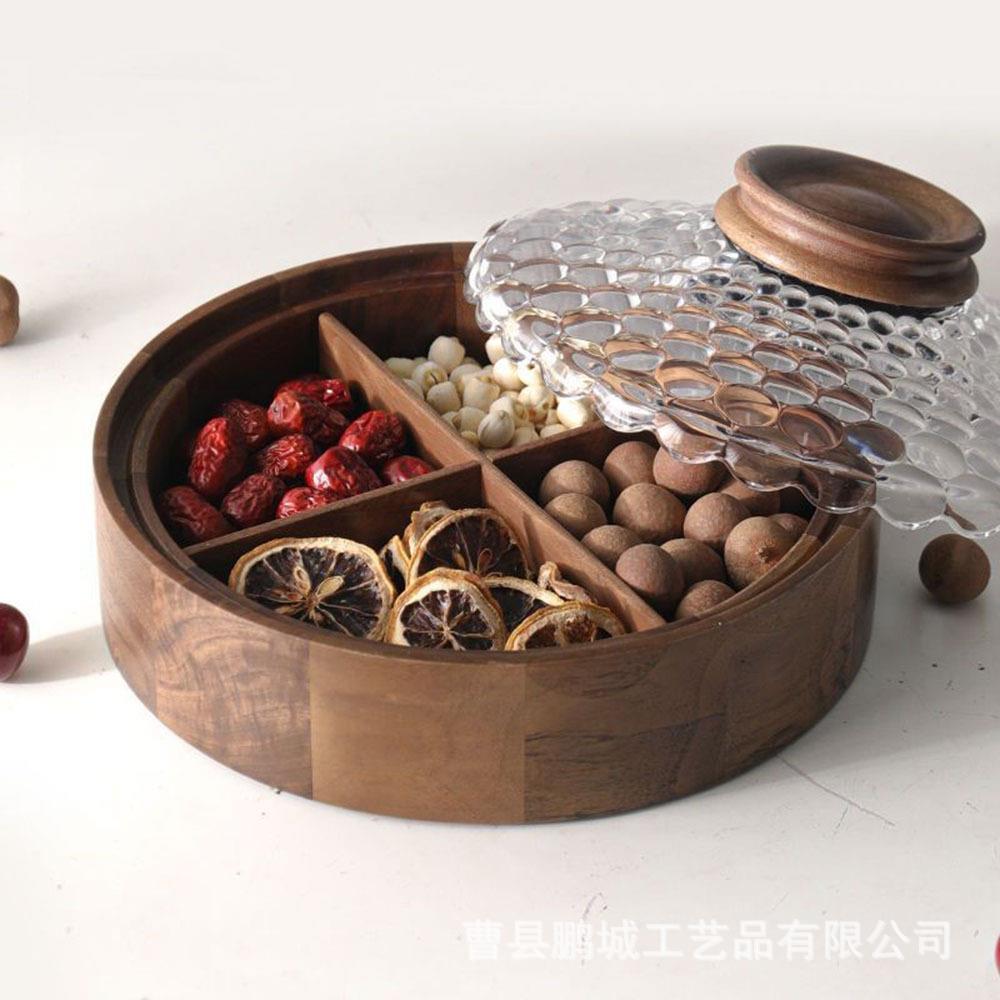 北美黑胡桃实木坚果盒家用高档分格带盖防尘创意两用干果盒水果盘