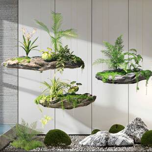 梦幻悬浮岛景观绿植假山石悬挂苔藓植物造景商业橱窗创意装饰石头