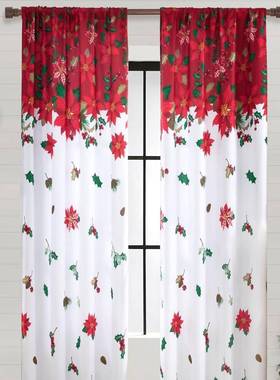 2PC圣诞节装饰品场景红色圣诞花印花窗帘客厅卧室