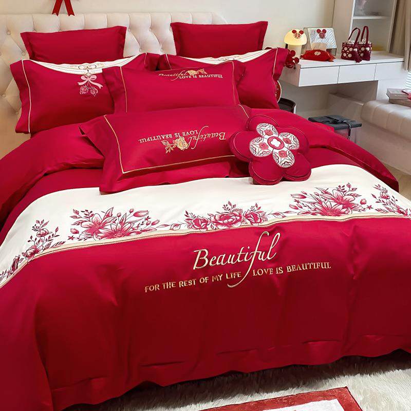 100s支长绒棉婚庆四件套结婚大红纯棉贡缎绣花床上用品全棉六件套