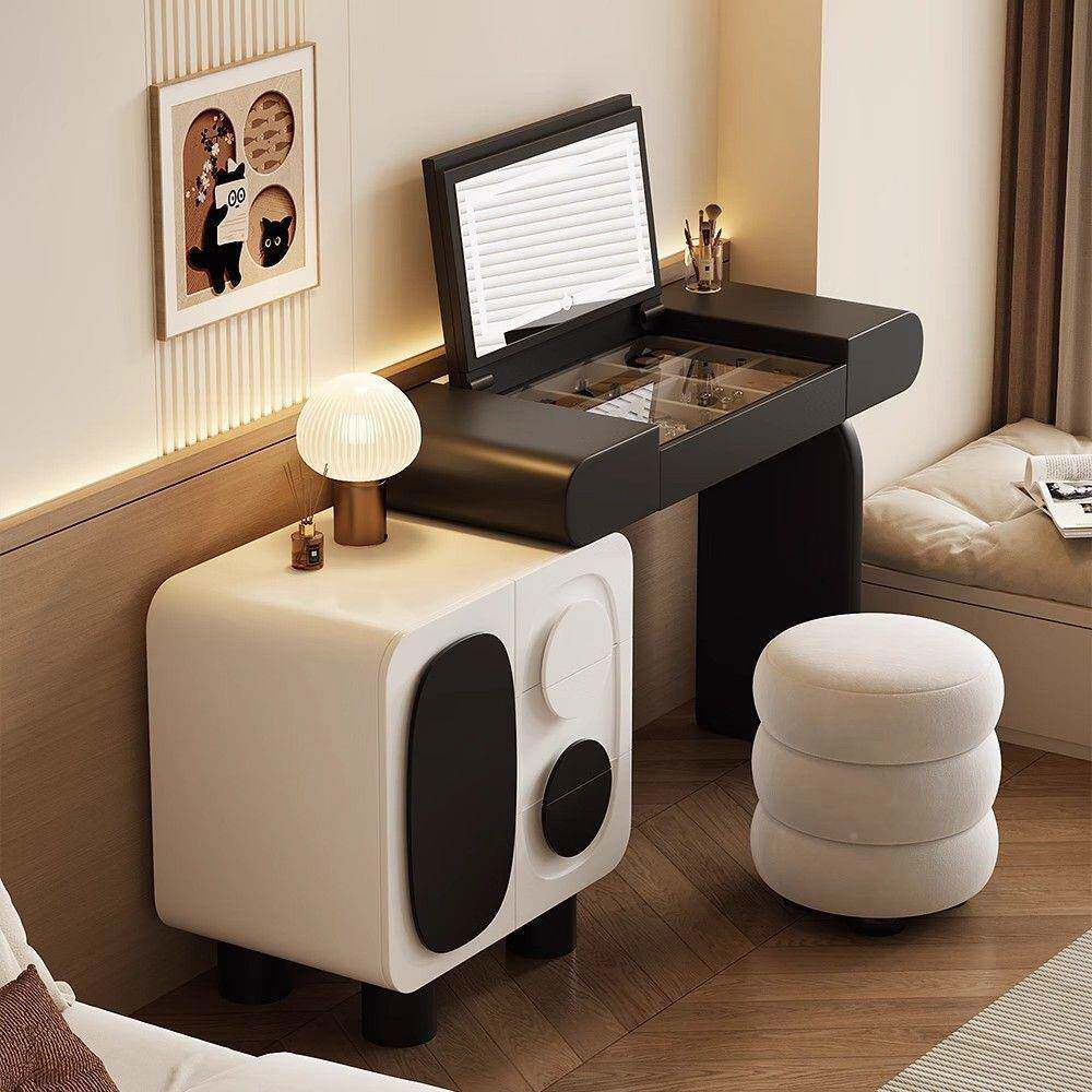 黑白梳妆台小型实木KUF化妆户桌卧熊室猫奶油复古风斗柜一体新款