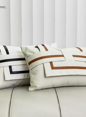 现简棕色白色WGR回代字约形皮革枕长方形酒店轻奢样板腰房靠枕靠