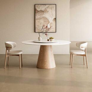 油风实木岩板餐桌带纯白转盘现代简约奶家用MZL-6535吃饭桌原木色