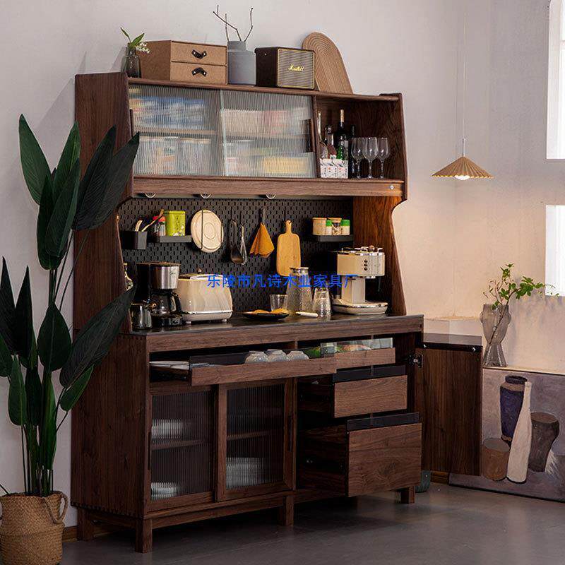 欧实物木餐边柜吧台CIP餐桌一体洞洞餐厅黑胡桃柜木酒柜储板收纳