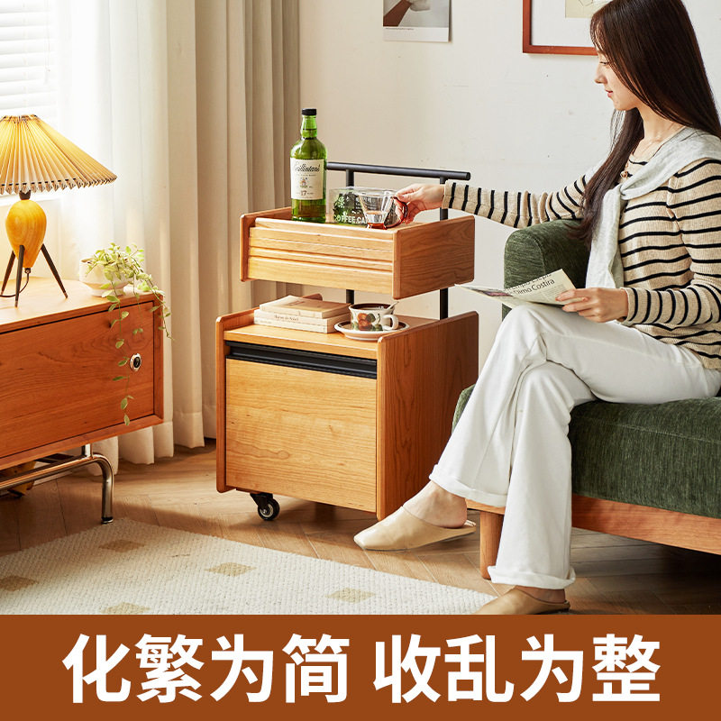 阿图滚轮边柜实木沙发边几可移动客厅小推车樱桃木实木床头收纳柜