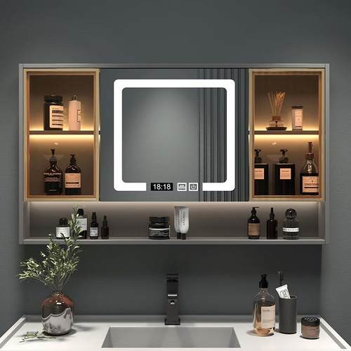 实木镜浴室间RVG能柜单独挂墙式卫生收纳镜子带灯置物架防雾梳智