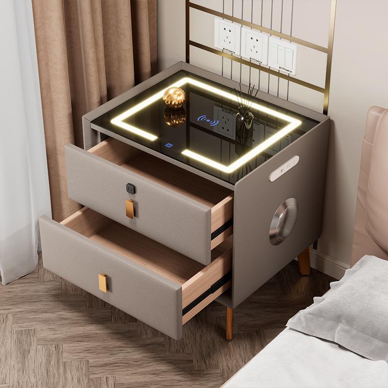 MUN智能床头柜简约现代包带指纹锁响音线实木轻奢多功能无充电软