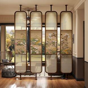 新中式藤编玻璃屏风客厅餐厅玄关入户简约现代铁艺不锈钢隔断装饰