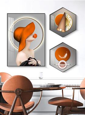 约现代简厅装饰画边创意组合橙色六形壁画轻奢大气厨房餐墙XG-A59