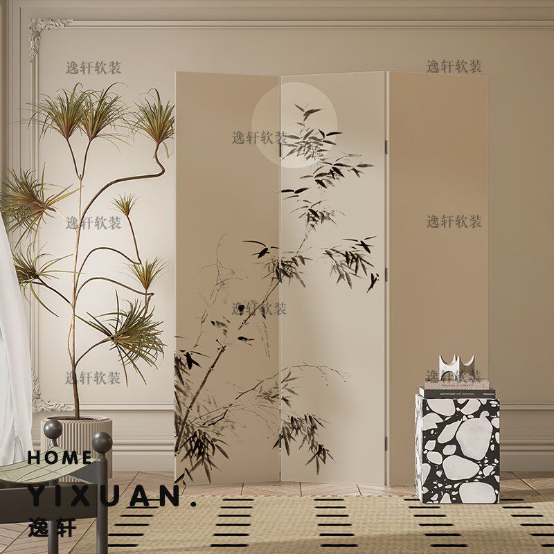 中古侘寂风竹子月圆折叠屏风隔断卧室玄关家用客厅沙发背景墙折屏