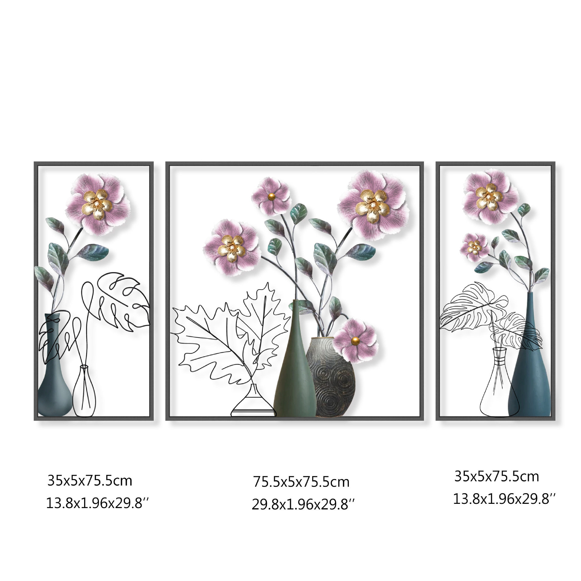 新中式花朵轻奢铁艺镂空时尚三联客厅墙面装饰画金属工艺壁饰挂件