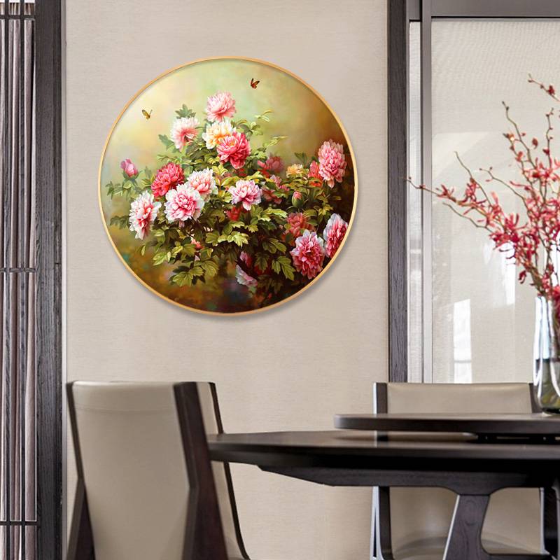 现代简约牡丹花卉手绘玄关油画轻奢圆形新中式挂画美式走廊装饰画