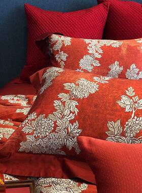 0高复古奢雅欧式婚庆端10支绒棉四件套红色MLC2023婚庆柔软被套长