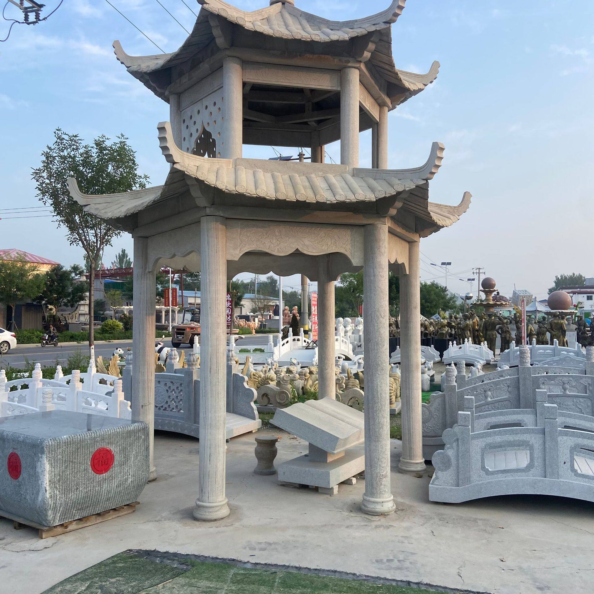 小区石凉亭广场景区景观石亭古建中式双层天然大理石凉亭欧式遮阳