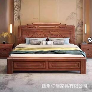 古典木中式 榫卯花结金花梨木1米FRS8双人大床主卧仿古雕木全构实