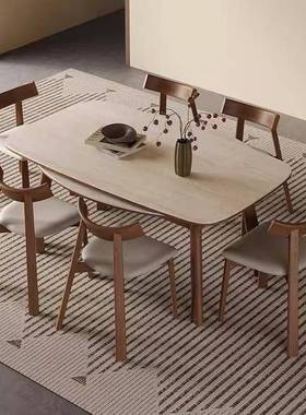 洞石岩板实木伸缩餐桌轻奢代用约现中古风折叠餐简桌MZL-32612家0