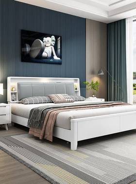 白色实床储物现靠YNA简约1.8米双木人床充电代主卧多功能置物床软