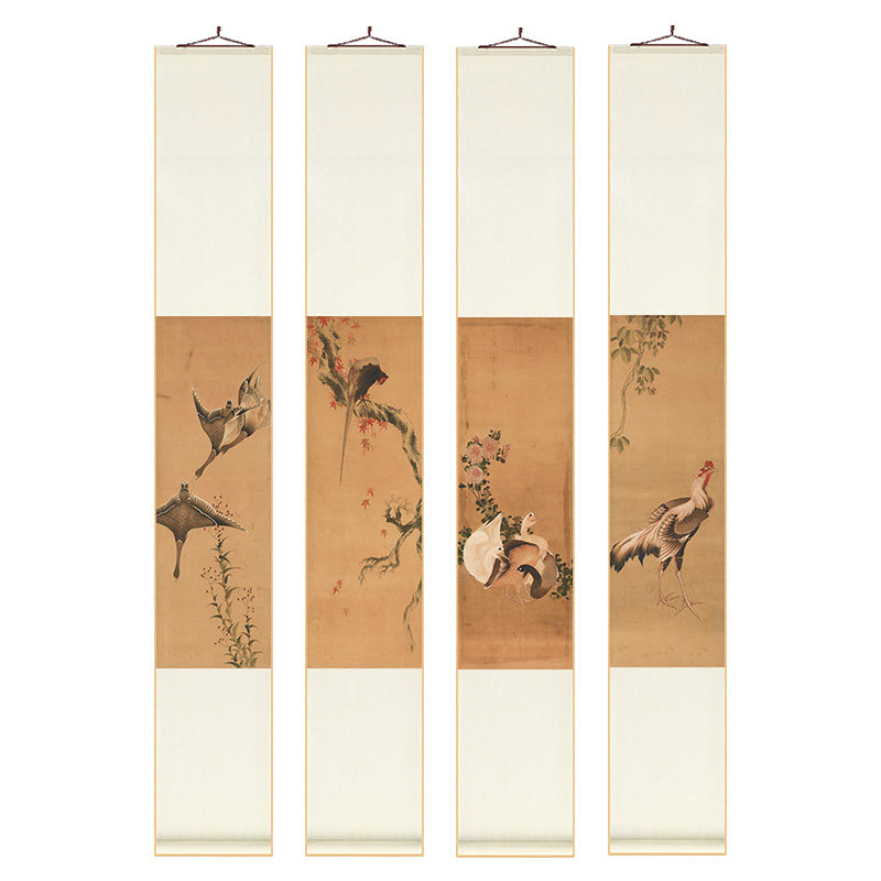 花鸟四条屏新中式卷轴挂画竖版餐厅书房装饰画茶室客厅背景墙壁画